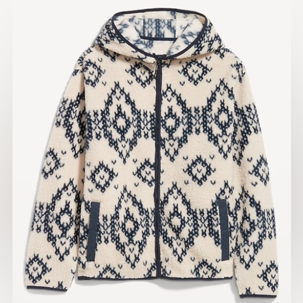 Old Navy Printed Cream Colored Sherpa Zip Hoodie Jacket Men’s Size XL Tall